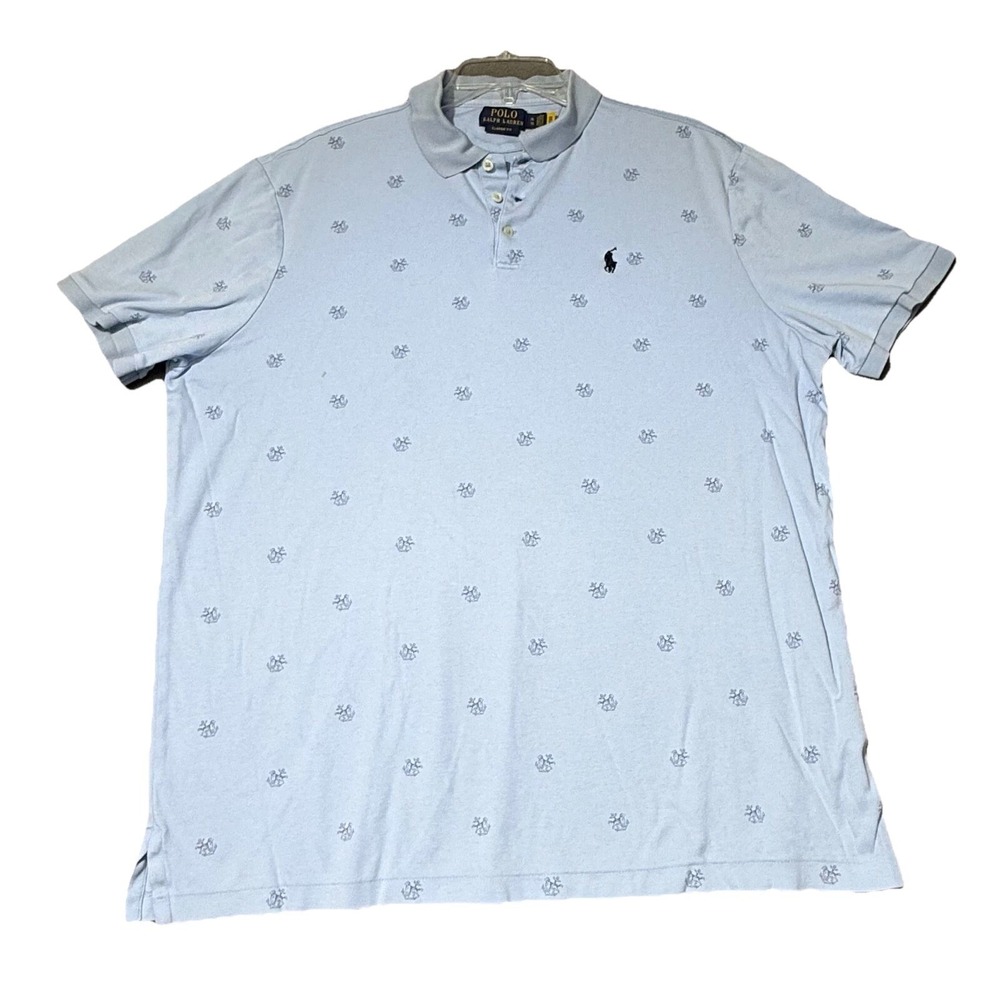 Polo Ralph Lauren Mens XL Classic Fit Light Blue Anchor Bulldog AOP Polo Shirt